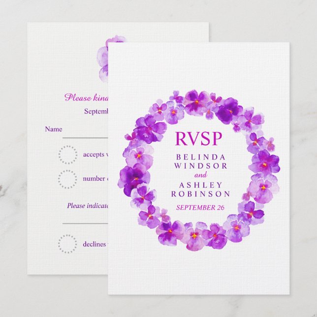 Wedding RSVP purple floral viola wreath Invitation (Front/Back)