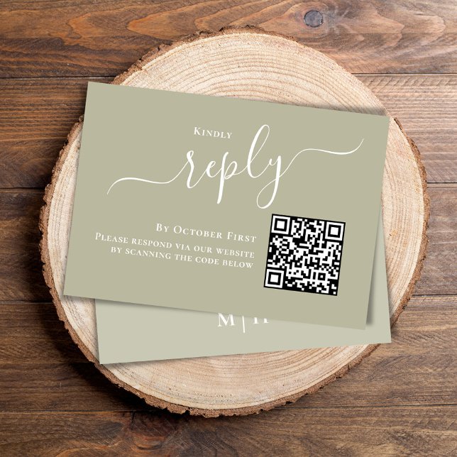 Wedding RSVP QR Code Elegant Sage Green Card (Elegant sage green reply response card with a scannable QR code. )