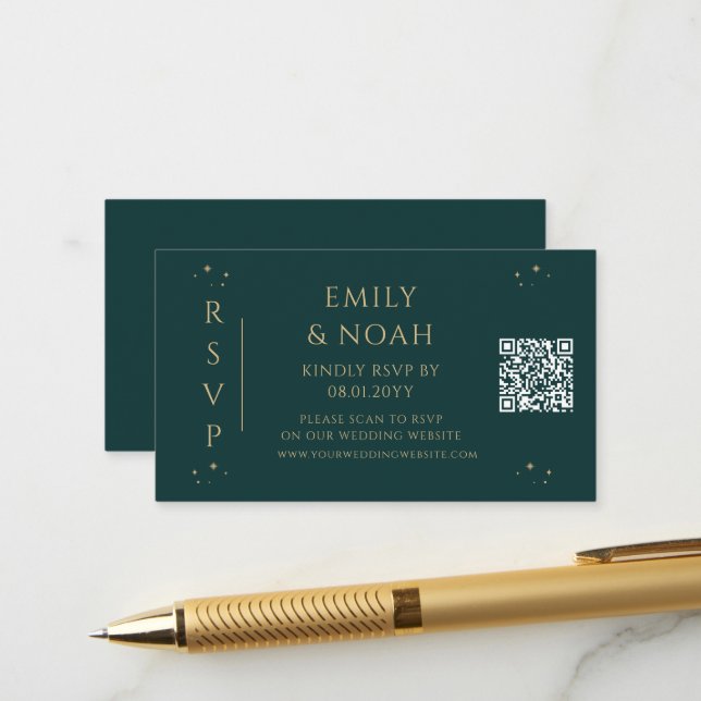 Wedding RSVP QR Code Green Gold Celestial Enclosure Card (Front/Back In Situ)