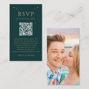 Wedding RSVP QR Code Green Gold Celestial Photo Enclosure Card