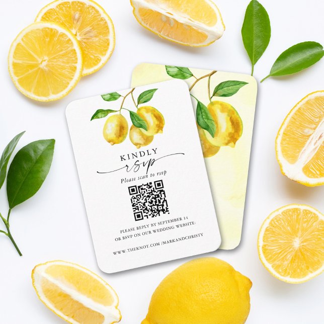 Wedding RSVP QR Code Lemon Citrus Enclosure Card (With a unique QR code printed on this lemon design, guests can quickly and easily RSVP.)