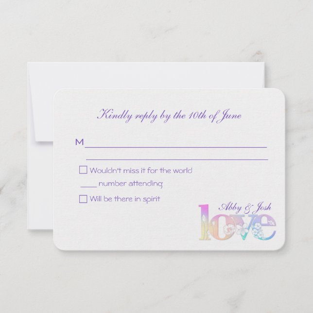 wedding RSVP-rainbow love text on white RSVP Card (Front)