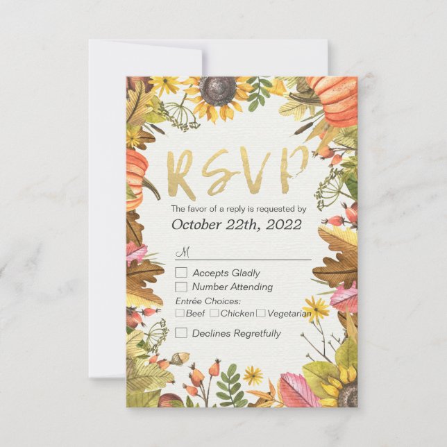 Wedding RSVP Reply Autumn Maple Fall Leaf Pumpkin Card (Front)