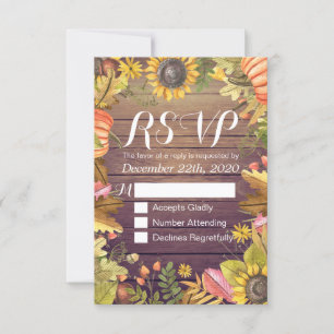 Wedding RSVP Reply Autumn Maple Leaf Pumpkins Wood