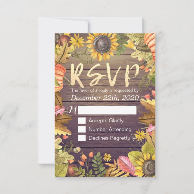 Wedding RSVP Reply Autumn Maple Leaf Pumpkins Wood (Front)