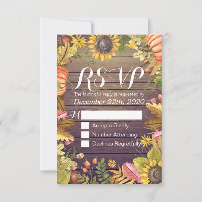 Wedding RSVP Reply Autumn Maple Leaf Pumpkins Wood Card (Front)