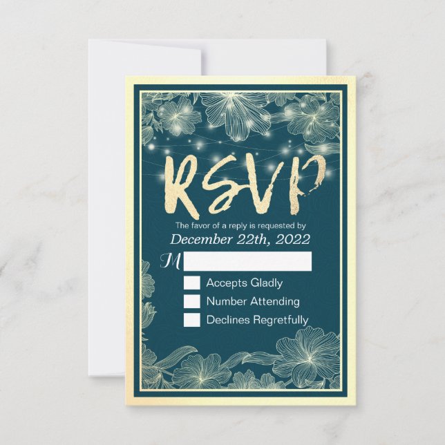 Wedding RSVP Reply Blue Gold Flowers String Lights (Front)