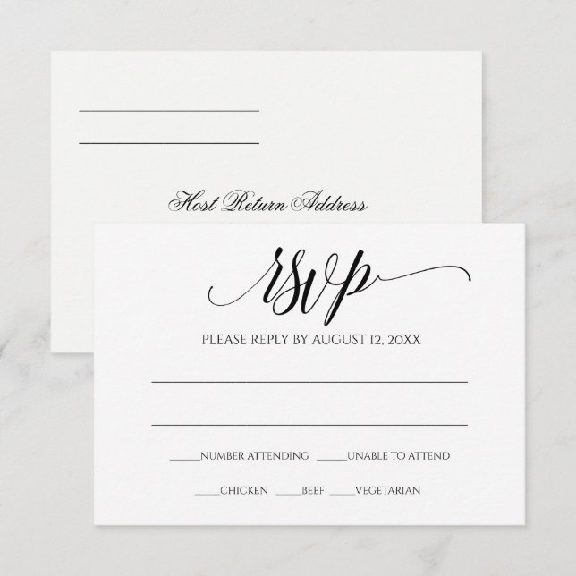 Wedding RSVP Reply Card | Luxe Calligraphy (Black) (Front/Back)