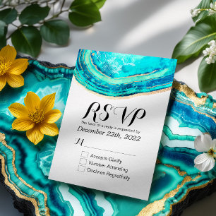 Wedding RSVP Reply Elegant Teal & Gold Agate Geode Card