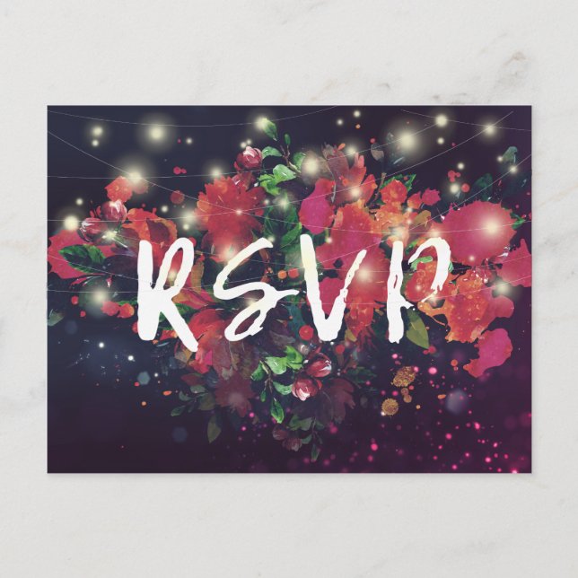 Wedding RSVP Reply Floral String Light Gold Script Invitation Postcard (Front)