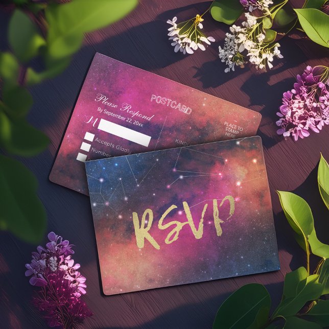 Wedding RSVP Reply Galaxy Nebula Constellations Invitation Postcard (Creator Uploaded)