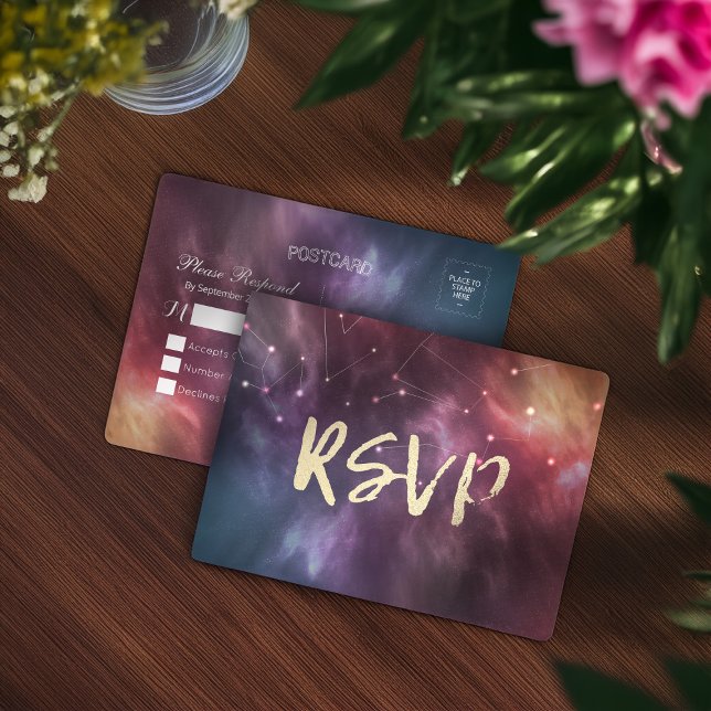 Wedding RSVP Reply Galaxy Nebula Constellations Invitation Postcard (Creator Uploaded)