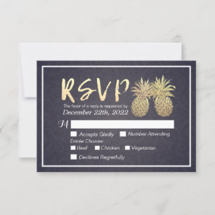 Wedding RSVP Reply Gold Pineapple Couple Navy Blue Card