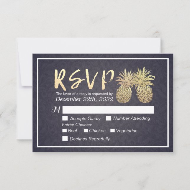 Wedding RSVP Reply Gold Pineapple Couple Navy Blue Card (Front)