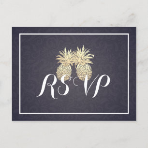 Wedding RSVP Reply Gold Pineapple Couple Navy Blue Invitation Postcard