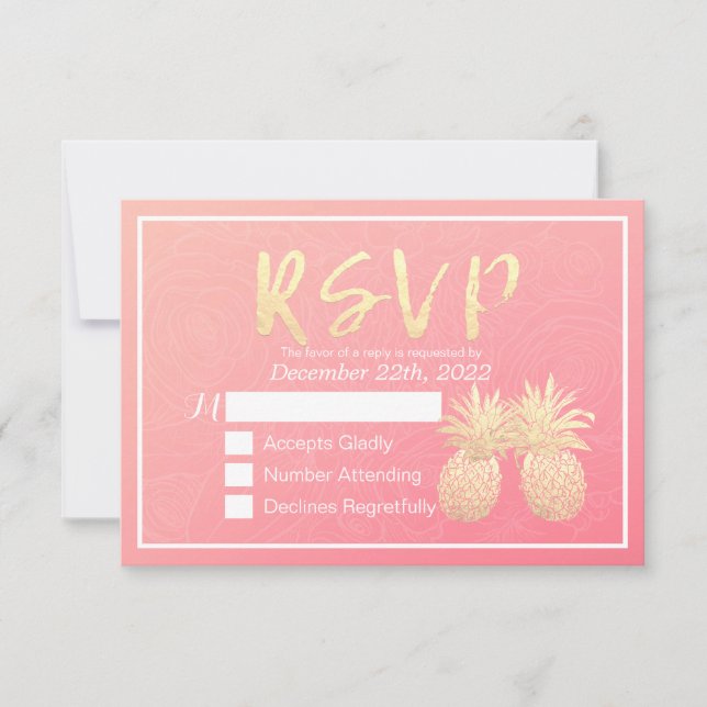 Wedding RSVP Reply Gold Pineapple Couple Pink Rose (Front)