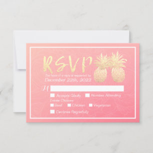 Wedding RSVP Reply Gold Pineapple Couple Pink Rose Card