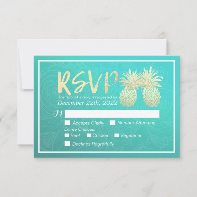 Wedding RSVP Reply Gold Pineapple Couple Teal Rose Card (Front)