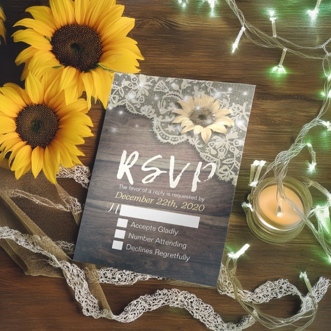 Wedding RSVP Reply Lace Sunflower Barn Wood Lights (Creator Uploaded)