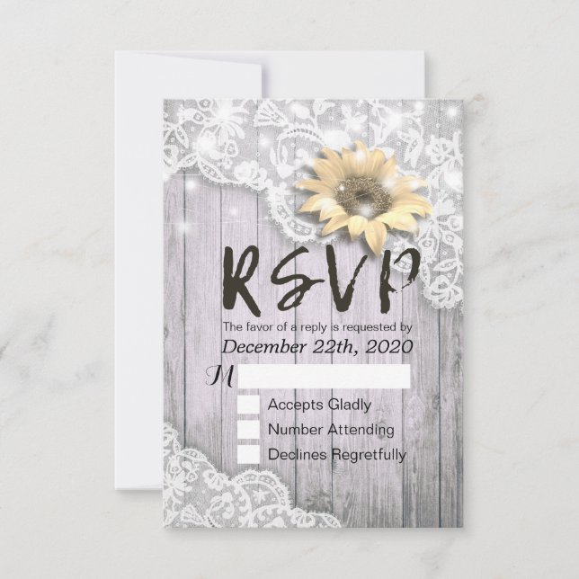 Wedding RSVP Reply Lace Sunflower Barn Wood Lights Card (Front)