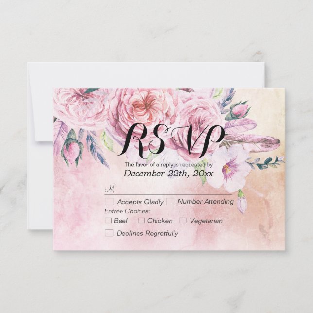 Wedding RSVP Reply Watercolor Boho Floral Feathers (Front)