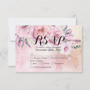 Wedding RSVP Reply Watercolor Boho Floral Feathers Card