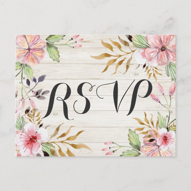 Wedding RSVP Reply Watercolor Flowers Rustic Wood Invitation Postcard (Front)