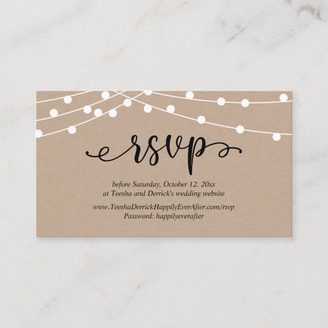Wedding RSVP, Rustic Kraft String Lights Enclosure Card (Front)