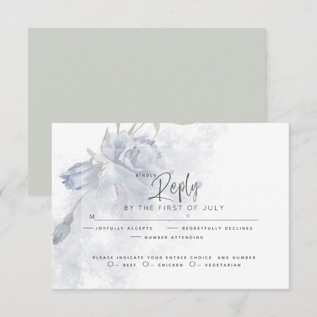 Wedding RSVP | Rustic Watercolor Dusty Blue Rose (Front/Back)