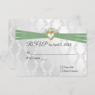 Wedding RSVP Sage Ribbon In Heart On Satin