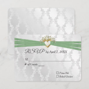 Wedding RSVP Sage Ribbon In Heart On Satin Card