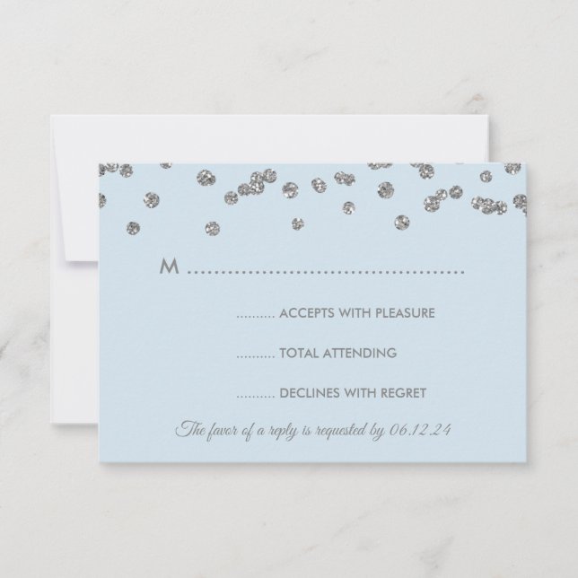 Wedding RSVP Silver Faux Glitter Confetti Ice Blue (Front)