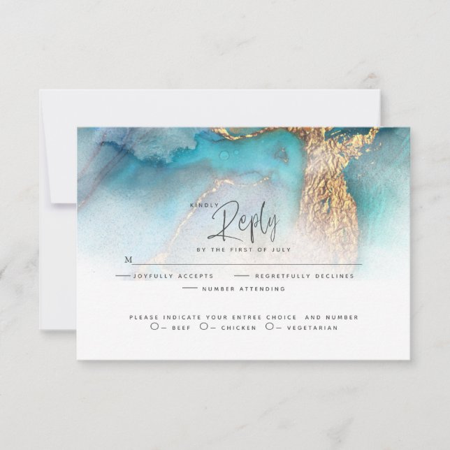 Wedding RSVP | Teal and Gold Abstract  Ink (Front)