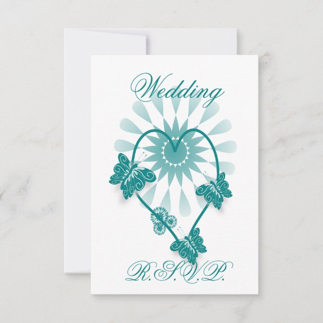 Wedding RSVP Teal Coloured Butterflies Heart (Front)