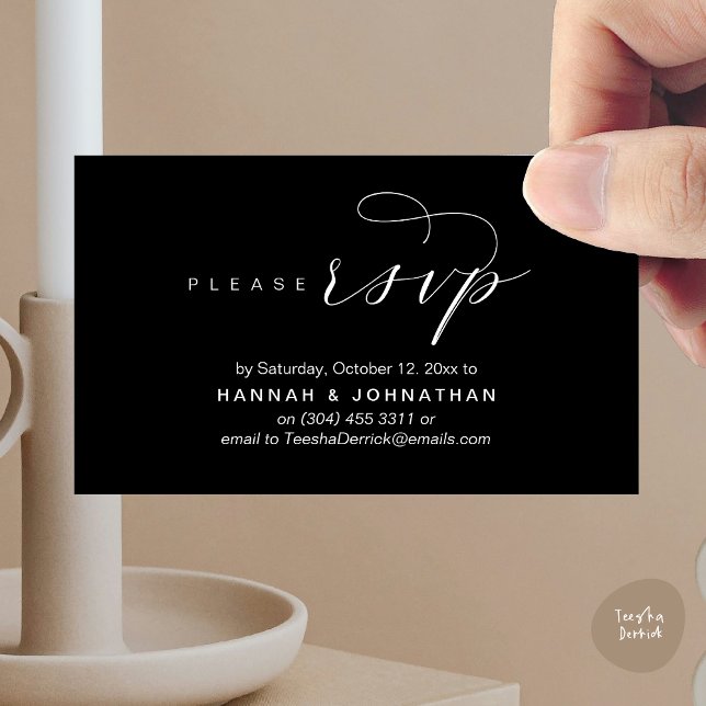 Wedding RSVP via Phone or email respond Enclosure Card (Wedding RSVP via Phone or email respond Enclosure Card, Lunch, Brunch, Dinner, Party, Classy Black)