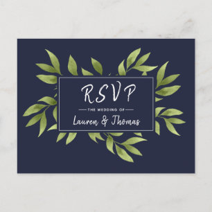 Wedding RSVP Watercolor Willow Wreath Navy Blue Invitation Postcard