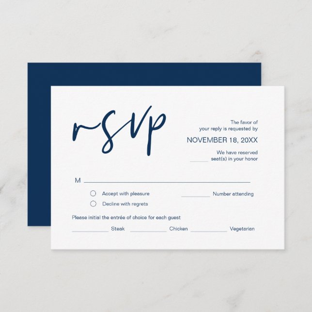 Wedding RSVP, with meal options, Navy Blue font Enclosure Card (Front/Back)