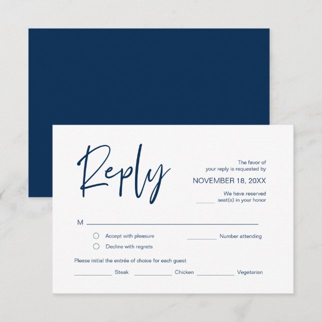 Wedding RSVP, with meal options, Navy Blue script Enclosure Card (Front/Back)