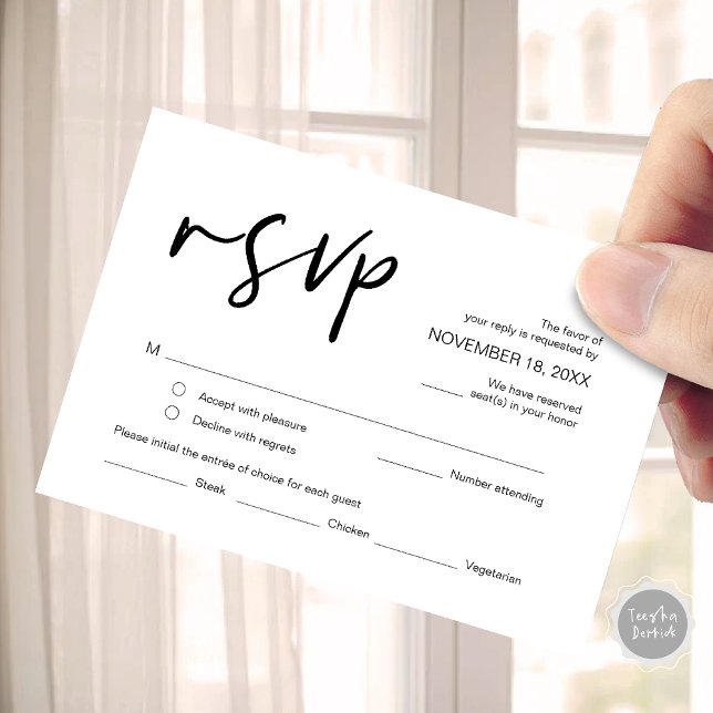 Wedding RSVP, with meal options, respond  Enclosure Card (Wedding RSVP, with meal options, no attending, Invitation respond Enclosure Card)