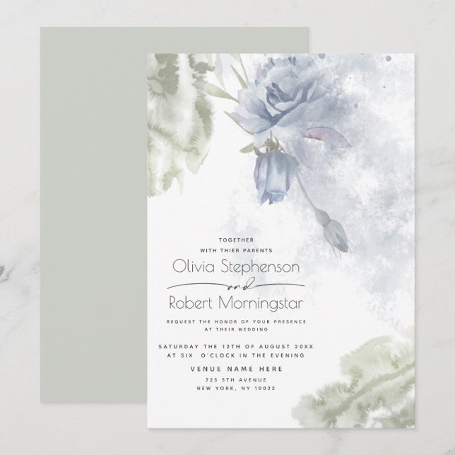 Wedding | Rustic Dusty Blue Roses Invitation (Front/Back)