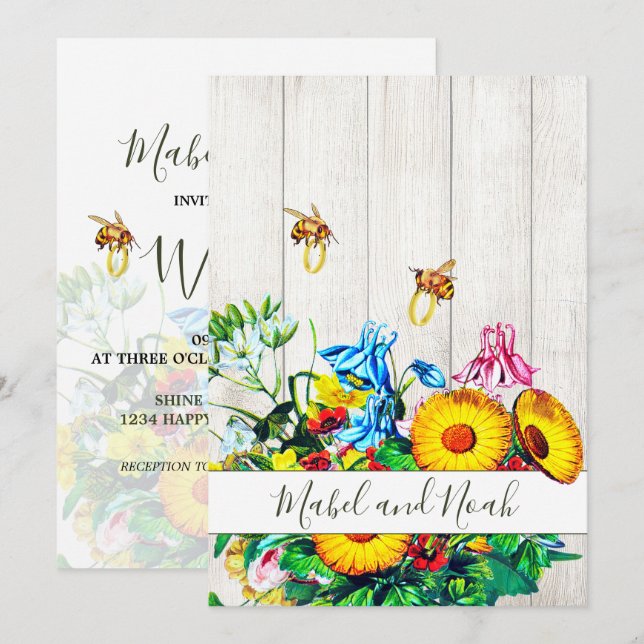  Wedding Rustic Floral Honey Bees  Gold Eco Invitation (Front/Back)