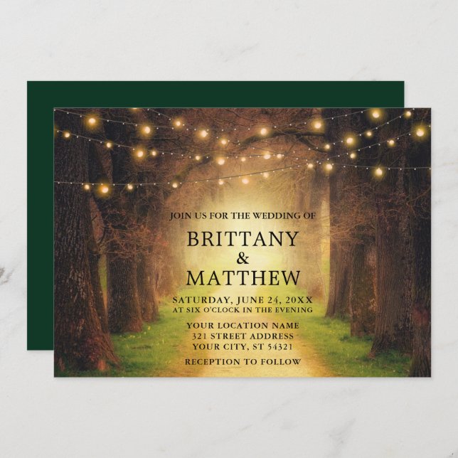 Wedding Rustic Forest Path String Lights Green Invitation (Front/Back)