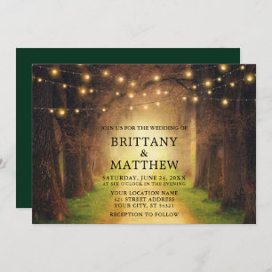 Wedding Rustic Forest Path String Lights Green Invitation