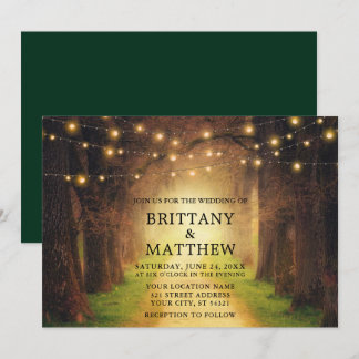 Wedding Rustic Forest Path String Lights Green Invitation