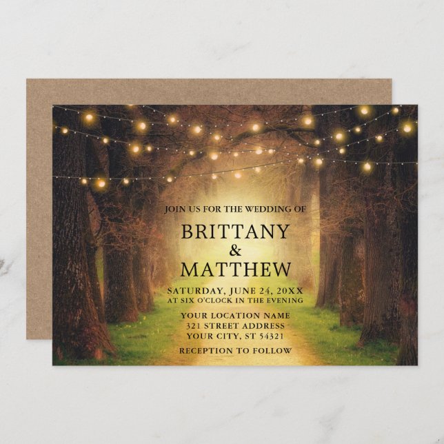 Wedding Rustic Forest Path String Lights Kraft Invitation (Front/Back)
