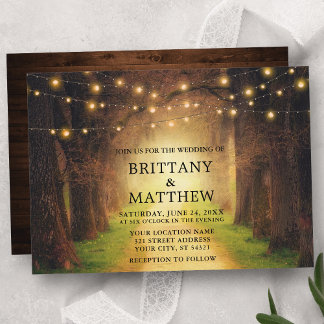 Wedding Rustic Forest Path Wood String Lights Invitation