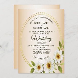 Wedding Rustic Golden Frame White Floral Peach Invitation