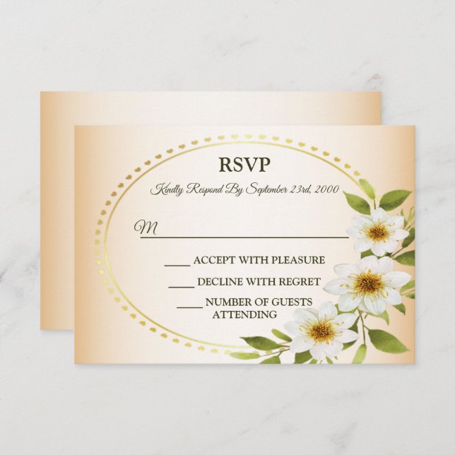Wedding Rustic Golden Geometric White Floral Peach RSVP Card (Front/Back)
