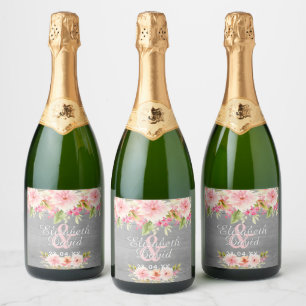 Wedding rustic grey wood blush florals sparkling wine label