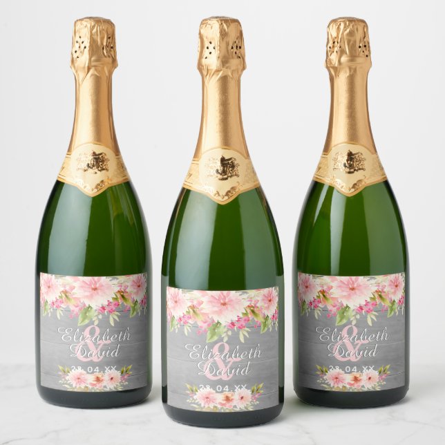 Wedding rustic grey wood blush florals sparkling wine label (Bottles)